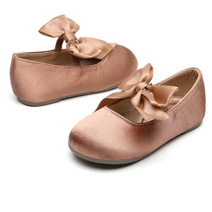 Chiximaxu Little Girls Satin Ballerina Slip on Mary Jane with Bow Casual School Dress Flat Shoes