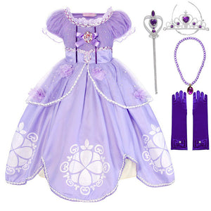 Princess Sofia the First Girls Party Dress up Puff Sleeve Ankle Length Sequined Tulle Fancy Kids Birthday Cosplay Costume Dress
