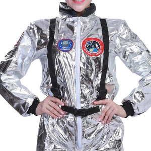 Halloween Costume Women Spaceman Costume Adult Astronaut Cosplay Silver Long Sleeve Jumpsuit