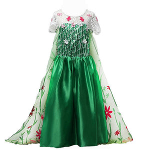 Frozem Fever Elsa Birthday Party Dress Cosplay Costume for Girls Green Floral Frocks Ankle Length Child Princess Elsa Long Gown