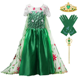 Frozem Fever Elsa Birthday Party Dress Cosplay Costume for Girls Green Floral Frocks Ankle Length Child Princess Elsa Long Gown