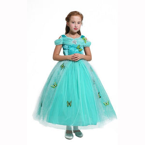 Child Green Pink Yellow White Blue Cinderella Summer Ankle Length Princess Dress with Buttiflies Attached Girls Party Gown
