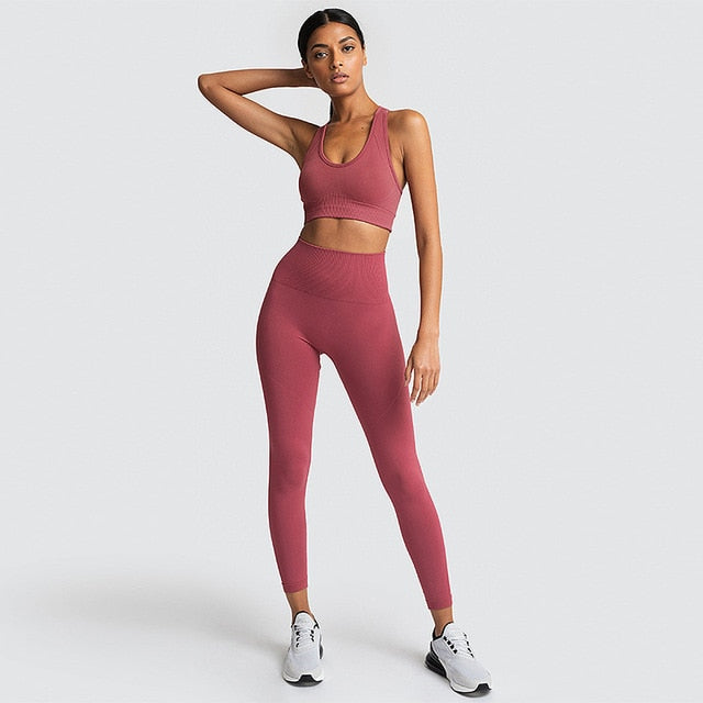 Women's Seamless Workout Outfits Athletic Set GYM Leggings + Crop Top  Activewear 