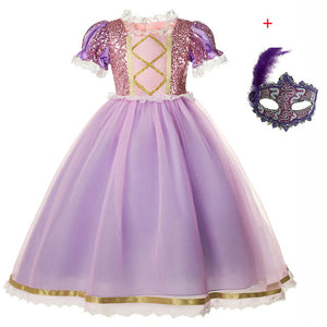 Lace Rim Tangled Rapunzel Costume Girls Sequined Top Short Sleeve 2-10Y Kids Christmas Party Ball Gown Halloween Princess Dress