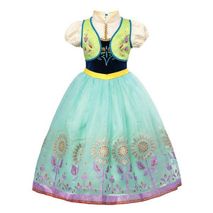 Princess Anna Floral Ball Gown with Vest Kids Delicate Anime Snow Queen Anna Cosplay Costume Girls Halloween Clothing Set Dress