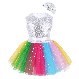 Kids Girls Sleeveless Sequined Rainbow Mesh Ballet Tutu Dress with Hair Clip Set Children Modern Stage Performance Dance Costume