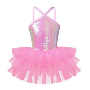 Kids Girls Halter Sequins Glitter Ballet Dance Skirt Gymnastics Leotard Tutu Dress Princess Dance Wear Ballerina Stage Costume
