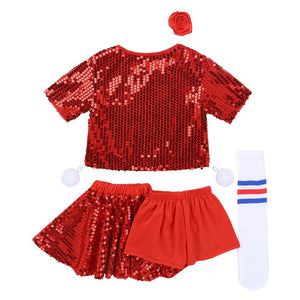 Kids Girls Jazz Hip Hop Leotard Dancewear Children's Carnival Cheerleading Costume Shiny Sequins Crop Top and Skirt Shorts Set