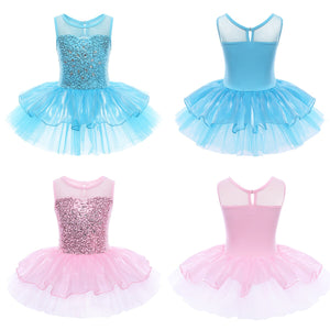 Kids Girls Gymnastic Leotard Ballet Dancer Dress Children Princess Shiny Sparkly Ballerina Praise Dance Tulle Skirt