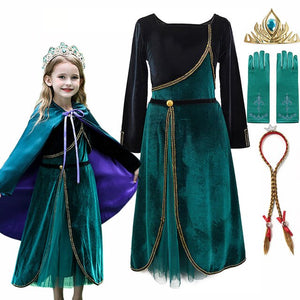 Queen Anna Dark Green Coronation Costume for Kids Halloween Cosplay Princess Ana Dress up Girls Carnival Christmas Party Dress